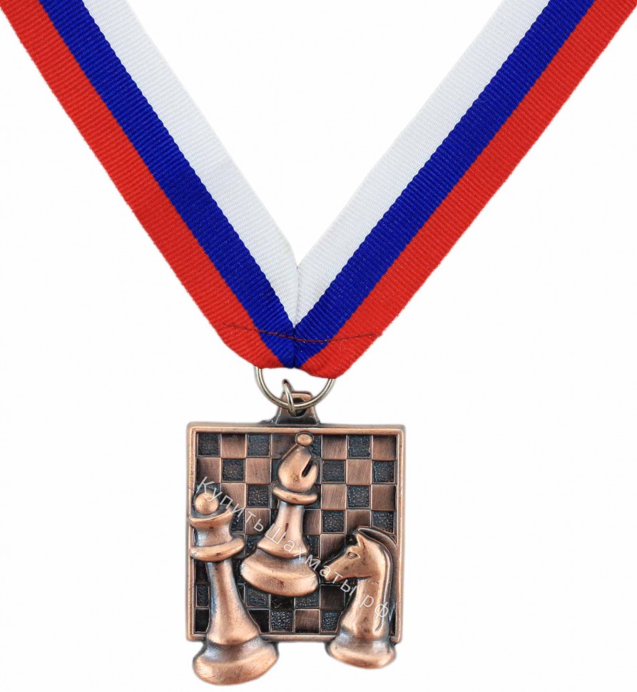 Шахматная медаль квадратная бронзовая с лентой