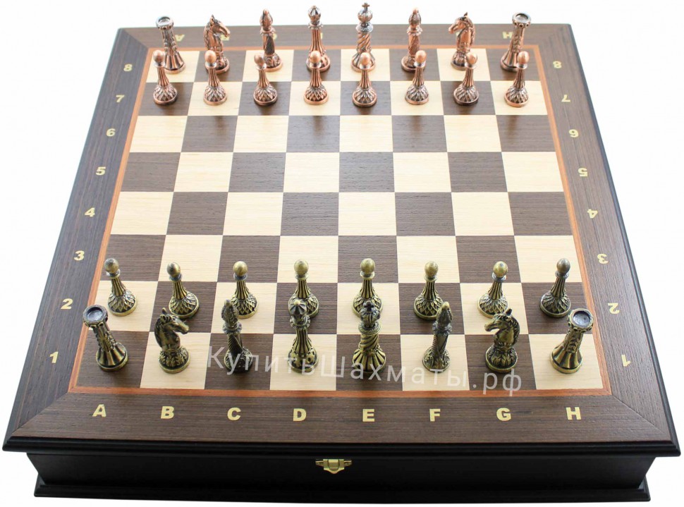 Подарочные металлические шахматы с доской-ларцом Венге