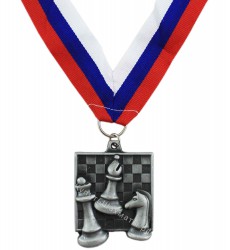 Шахматная медаль квадратная серебряная с лентой
