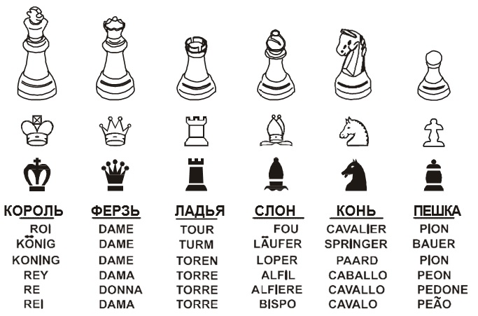 Конь слон пешка ладья. Название шахматных фигур на немецком языке. Названия шахматных фигур на французском. Наименование шахматных фигур на английском. Шахматы названия и обозначения фигур.